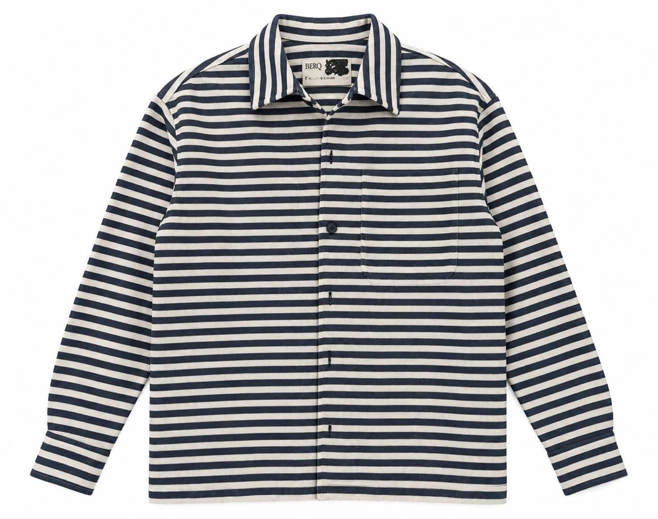 Front view of the navy and natural striped BERQ work shirt